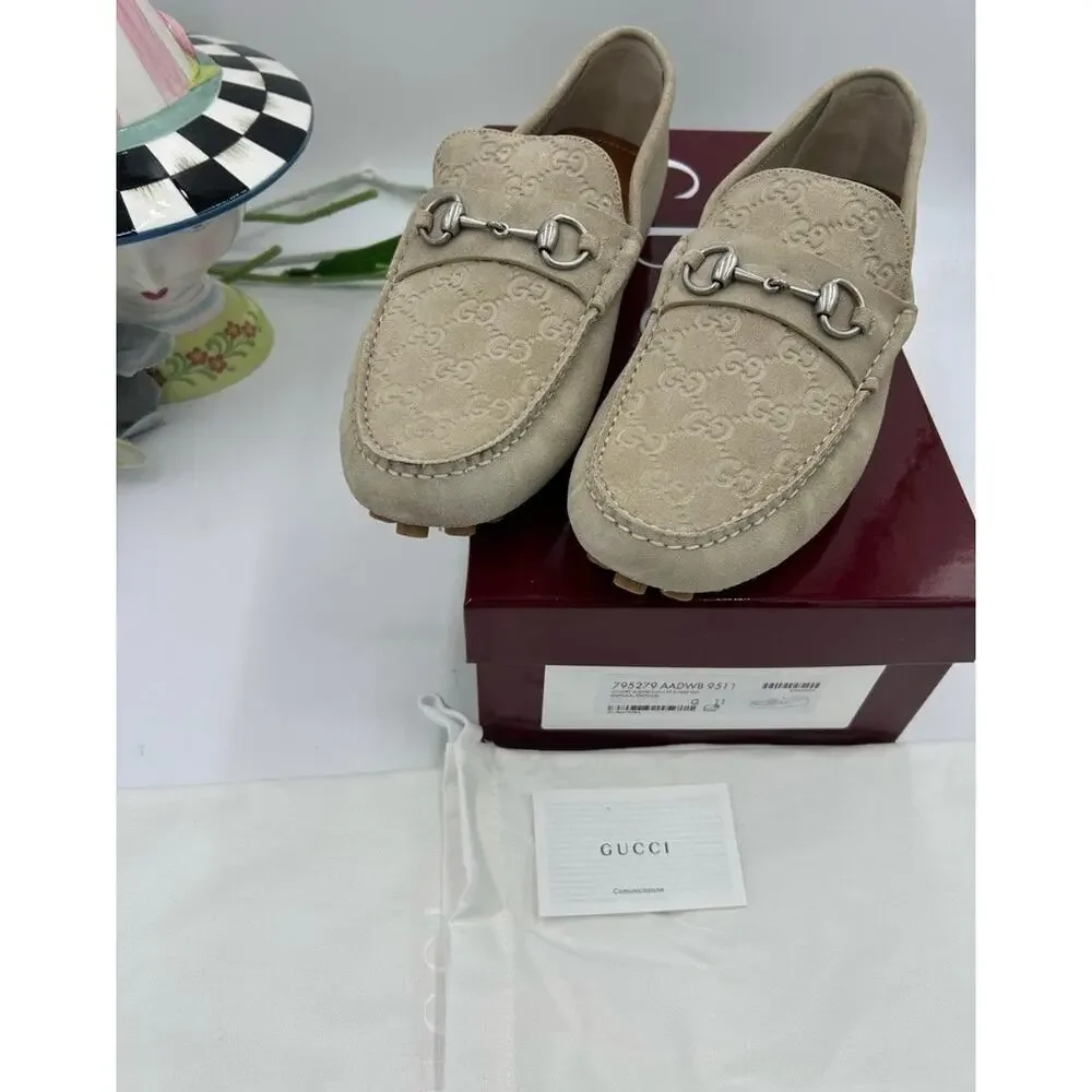 Men's Gucci GG embossed oatmeal suede driver loafers size 11 fits 11.5 US